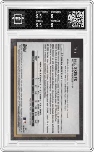 Paul Skenes from the 2024 Topps NSCC Bowman Chrome set graded by Arena Club and given an overall grade of 9.5.