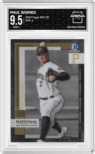 Paul Skenes from the 2024 Topps NSCC Bowman Chrome set graded by Arena Club and given an overall grade of 9.5.