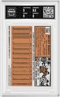 Mickey Mantle from the 1996 Topps set featuring a W/ Coating parallel graded by Arena Club and given an overall grade of 8.5.