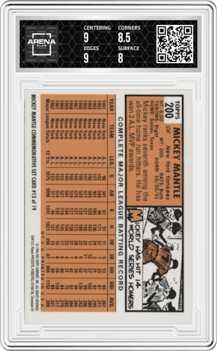 Mickey Mantle from the 1996 Topps set featuring a W/ Coating parallel graded by Arena Club and given an overall grade of 8.5.