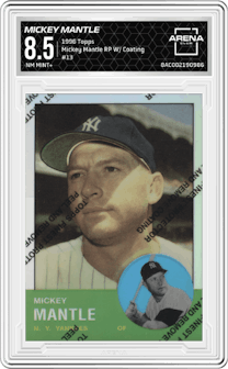 Mickey Mantle from the 1996 Topps set featuring a W/ Coating parallel graded by Arena Club and given an overall grade of 8.5.