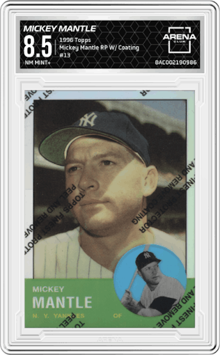 Mickey Mantle from the 1996 Topps set featuring a W/ Coating parallel graded by Arena Club and given an overall grade of 8.5.