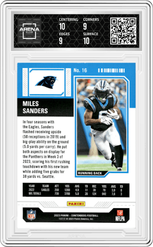 Miles Sanders from the 2023 Panini Contenders set featuring a Game Ticket Blue parallel graded by Arena Club and given an overall grade of 9.5.