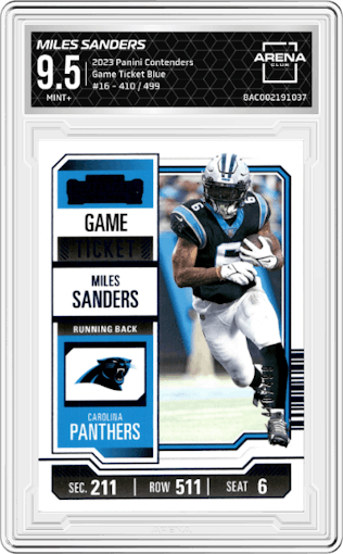Miles Sanders from the 2023 Panini Contenders set featuring a Game Ticket Blue parallel graded by Arena Club and given an overall grade of 9.5.