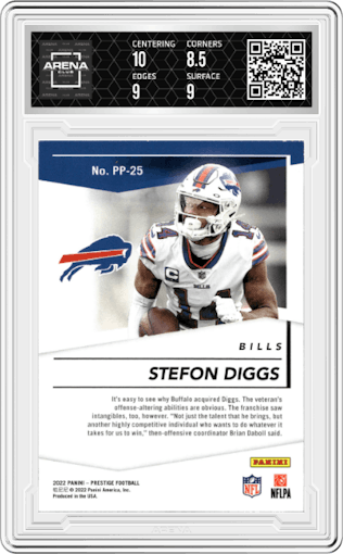 Stefon Diggs from the 2022 Panini Prestige set featuring a Xtra Points Orange parallel graded by Arena Club and given an overall grade of 9.