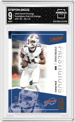 Stefon Diggs from the 2022 Panini Prestige set featuring a Xtra Points Orange parallel graded by Arena Club and given an overall grade of 9.