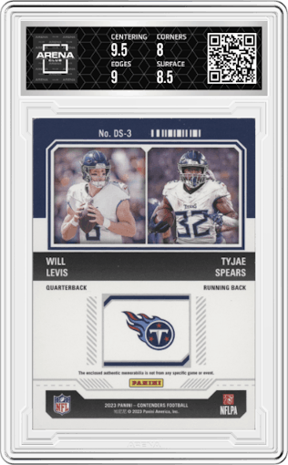Will Levis / Tyjae Spears from the 2023 Panini Contenders set graded by Arena Club and given an overall grade of 8.5.