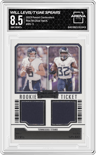 Will Levis / Tyjae Spears from the 2023 Panini Contenders set graded by Arena Club and given an overall grade of 8.5.