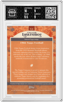 1966 Topps Football from the 2021 Topps X Trevor Lawrence set graded by Arena Club and given an overall grade of 9.5.