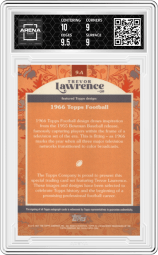 1966 Topps Football from the 2021 Topps X Trevor Lawrence set graded by Arena Club and given an overall grade of 9.5.