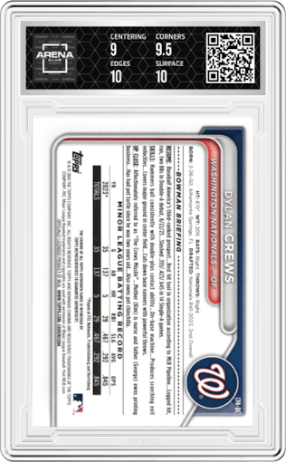 Dylan Crews from the 2024 Bowman set featuring a Speckle Refractor parallel graded by Arena Club and given an overall grade of 9.5.