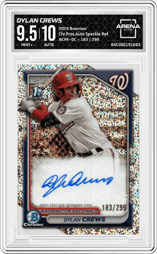 Dylan Crews from the 2024 Bowman set featuring a Speckle Refractor parallel graded by Arena Club and given an overall grade of 9.5.