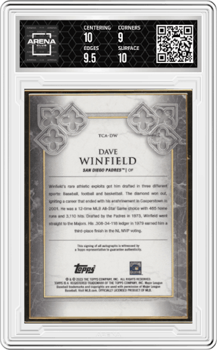 Dave Winfield from the 2023 Topps Transcendent Collection set featuring a Blue parallel graded by Arena Club and given an overall grade of 9.5.