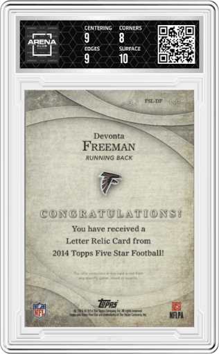 Devonta Freeman from the 2014 Topps Five Star set graded by Arena Club and given an overall grade of 8.5.