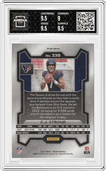 C.J. Stroud from the 2023 Panini Prizm set featuring a Green Wave  parallel graded by Arena Club and given an overall grade of 9.5.