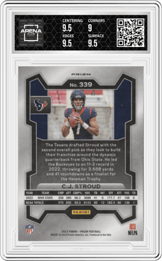 C.J. Stroud from the 2023 Panini Prizm set featuring a Green Wave  parallel graded by Arena Club and given an overall grade of 9.5.