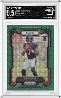 C.J. Stroud from the 2023 Panini Prizm set featuring a Green Wave  parallel graded by Arena Club and given an overall grade of 9.5.