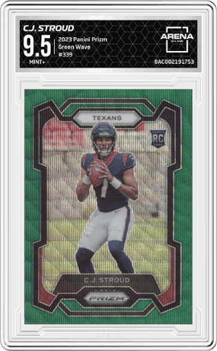 C.J. Stroud from the 2023 Panini Prizm set featuring a Green Wave  parallel graded by Arena Club and given an overall grade of 9.5.