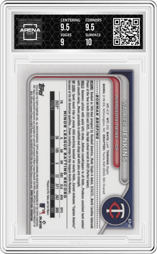 Walker Jenkins from the 2024 Bowman Mega Box set featuring a Orange Refractor  parallel graded by Arena Club and given an overall grade of 9.5.