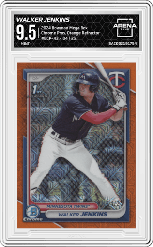 Walker Jenkins from the 2024 Bowman Mega Box set featuring a Orange Refractor  parallel graded by Arena Club and given an overall grade of 9.5.