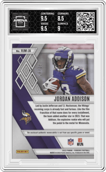 Jordan Addison from the 2023 Panini Phoenix set featuring a Blue Prime  parallel graded by Arena Club and given an overall grade of 9.