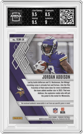 Jordan Addison from the 2023 Panini Phoenix set featuring a Blue Prime  parallel graded by Arena Club and given an overall grade of 9.