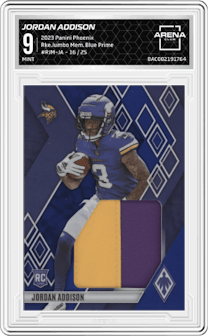 Jordan Addison from the 2023 Panini Phoenix set featuring a Blue Prime  parallel graded by Arena Club and given an overall grade of 9.