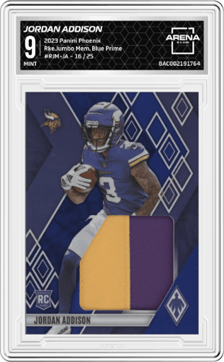 Jordan Addison from the 2023 Panini Phoenix set featuring a Blue Prime  parallel graded by Arena Club and given an overall grade of 9.