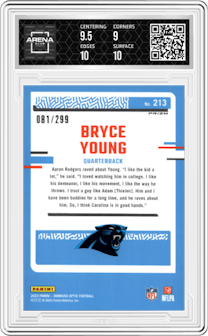 Bryce Young from the 2023 Donruss Optic set featuring a Aqua parallel graded by Arena Club and given an overall grade of 9.5.