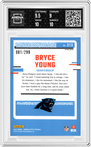 Bryce Young from the 2023 Donruss Optic set featuring a Aqua parallel graded by Arena Club and given an overall grade of 9.5.