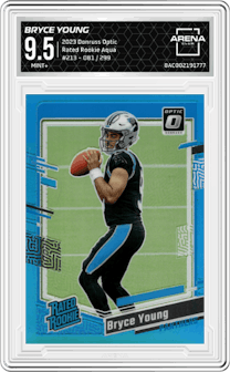 Bryce Young from the 2023 Donruss Optic set featuring a Aqua parallel graded by Arena Club and given an overall grade of 9.5.