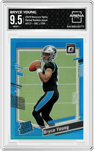 Bryce Young from the 2023 Donruss Optic set featuring a Aqua parallel graded by Arena Club and given an overall grade of 9.5.