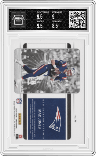 Mac Jones from the 2021 Panini One set featuring a Bronze parallel graded by Arena Club and given an overall grade of 9.