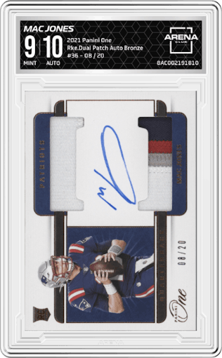 Mac Jones from the 2021 Panini One set featuring a Bronze parallel graded by Arena Club and given an overall grade of 9.