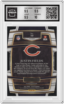 Justin Fields from the 2021 Panini Select set featuring a Die-Cut Black/Gold parallel graded by Arena Club and given an overall grade of 10.