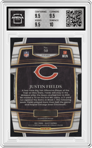 Justin Fields from the 2021 Panini Select set featuring a Die-Cut Black/Gold parallel graded by Arena Club and given an overall grade of 10.