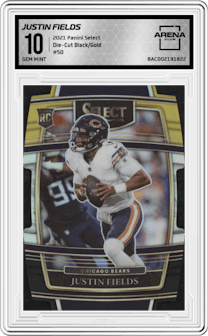 Justin Fields from the 2021 Panini Select set featuring a Die-Cut Black/Gold parallel graded by Arena Club and given an overall grade of 10.