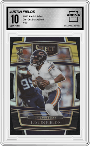 Justin Fields from the 2021 Panini Select set featuring a Die-Cut Black/Gold parallel graded by Arena Club and given an overall grade of 10.
