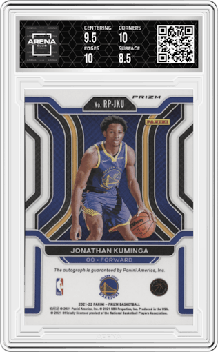 Jonathan Kuminga from the 2021-22 Panini Prizm  set featuring a Silver Prizm parallel graded by Arena Club and given an overall grade of 9.