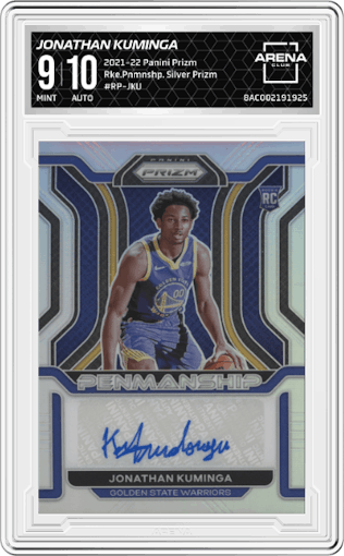 Jonathan Kuminga from the 2021-22 Panini Prizm  set featuring a Silver Prizm parallel graded by Arena Club and given an overall grade of 9.