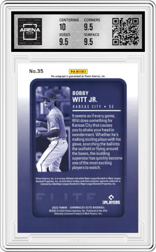 Bobby Witt Jr. from the 2022 Panini Chronicles set graded by Arena Club and given an overall grade of 10.