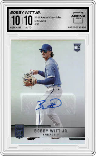 Bobby Witt Jr. from the 2022 Panini Chronicles set graded by Arena Club and given an overall grade of 10.