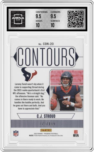 C.J. Stroud from the 2023 Panini Phoenix set featuring a Red parallel graded by Arena Club and given an overall grade of 10.