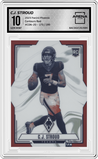 C.J. Stroud from the 2023 Panini Phoenix set featuring a Red parallel graded by Arena Club and given an overall grade of 10.