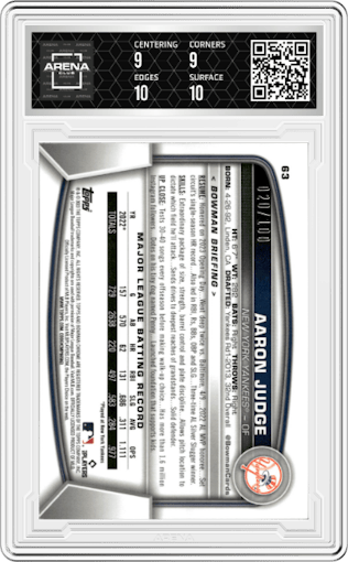 Aaron Judge from the 2023 Bowman Chrome set featuring a Wave Refractor parallel graded by Arena Club and given an overall grade of 9.5.