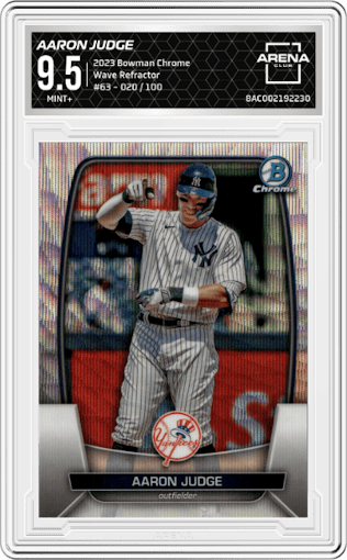 Aaron Judge from the 2023 Bowman Chrome set featuring a Wave Refractor parallel graded by Arena Club and given an overall grade of 9.5.