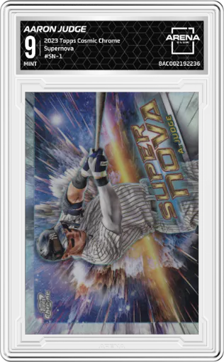 Aaron Judge from the 2023 Topps Cosmic Chrome set graded by Arena Club and given an overall grade of 9.