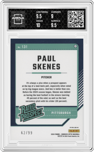 Paul Skenes from the 2024 Donruss Optic set featuring a Red parallel graded by Arena Club and given an overall grade of 9.5.