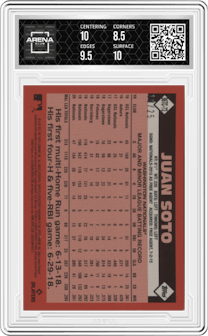 Juan Soto from the 2021 Topps Silver Pack set featuring a Orange parallel graded by Arena Club and given an overall grade of 9.