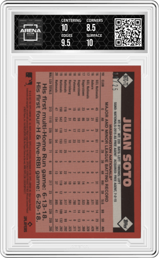 Juan Soto from the 2021 Topps Silver Pack set featuring a Orange parallel graded by Arena Club and given an overall grade of 9.